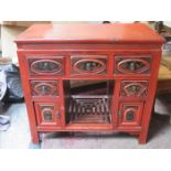 CHINESE RED LACQUERED FIVE DRAWER KNEE HOLE WRITING DESK WITH HANDPAINTED DRAWER FRONTS