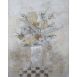 LARGE MODERN OIL ON CANVAS DEPICTING A VASE OF FLOWERS, SIGNED REYNOLDS,