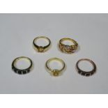 FIVE GOLD COLOURED DRESS RINGS,