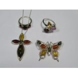 SILVER CROSS ON CHAIN SET WITH AMBER COLOURED STONE,