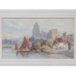 FRAMED WATERCOLOUR DEPICTING A TOWN SCENE WITH RIVER BANK, INITIALLED ADA,