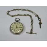 HALLMARKED SILVER POCKET WATCH WITH ENAMELLED DIAL AND ALBERT CHAIN