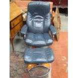 EKORNES 1970s STYLE NORWEGIAN BLUE LEATHER SWIVEL ARMCHAIR AND MATCHING FOOTSTOOL