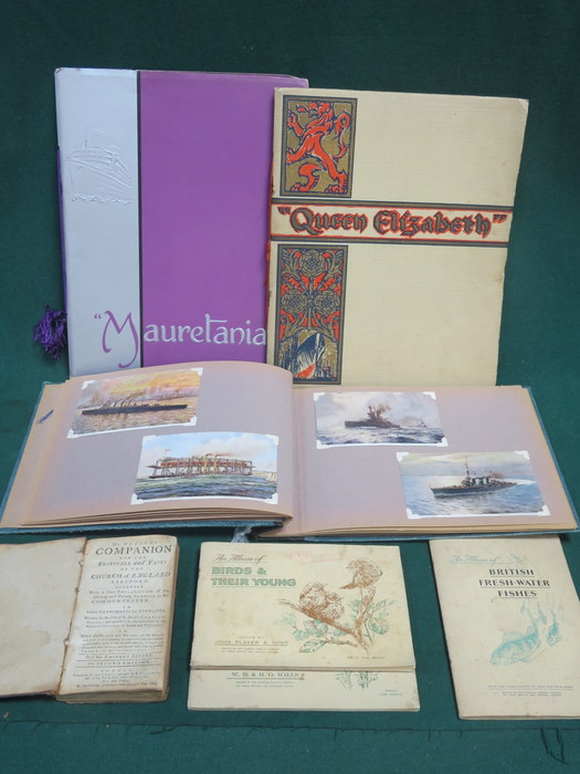 MIXED LOT INCLUDING TWO CUNARD BROCHURES, ALBUM OF SHIPPING AND OTHER POSTCARDS,