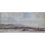 WARREN WILLIAMS, FRAMED WATERCOLOUR DEPICTING A ROCKY BEACH SCENE,