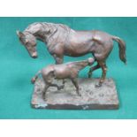 BRONZE EFFECT FIGURE GROUP DEPICTING A HORSE AND FOAL, SIGNED TO BASE,