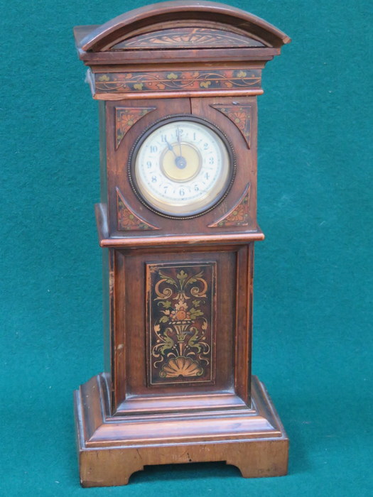 MARQUETRY INLAID MAHOGANY MINIATURE LONG CASE CLOCK WITH ENAMELLED DIAL. APPROX 27.