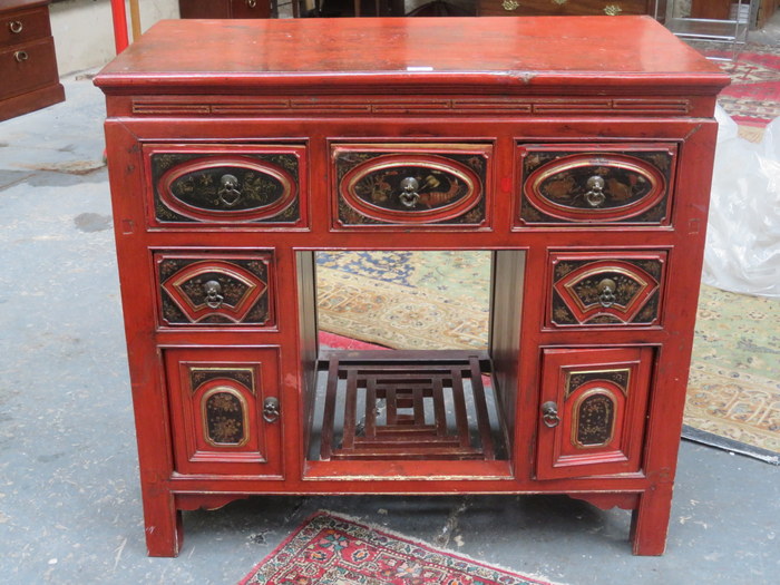 CHINESE RED LACQUERED FIVE DRAWER KNEE HOLE WRITING DESK WITH HANDPAINTED DRAWER FRONTS