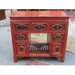 CHINESE RED LACQUERED FIVE DRAWER KNEE HOLE WRITING DESK WITH HANDPAINTED DRAWER FRONTS