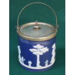 WEDGWOOD BLUE JASPERWARE BISCUIT BARREL WITH PLATED TOP