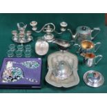 LARGE QUANTITY OF SILVER PLATEDWARE INCLUDING THREE PIECE TEA SET, CRUET SET, SCUTTLE, ETC.