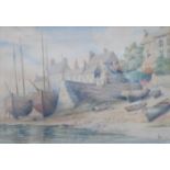 FW PIPPET, FRAMED WATERCOLOUR DEPICTING BEACHED BOATS,