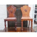 VICTORIAN MAHOGANY SHIELD BACK HALL CHAIR AND OAK HALL CHAIR