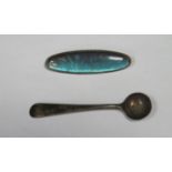 925 SILVER BLUE COLOURED BROOCH AND HALLMARKED SILVER SPOON