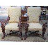 PAIR OF HEAVILY CARVED REPRODUCTION UPHOLSTERED THRONES