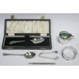 MIXED LOT OF SILVER INCLUDING SPOONS, NAPKIN RING, MUSTARD POT,