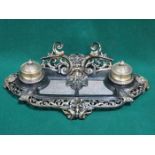 VICTORIAN STYLE ORNATE BRASS PIERCEWORK DECORATED DOUBLE INKWELL