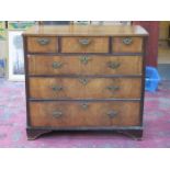 ANTIQUE OAK THREE OVER THREE CHEST OF DRAWERS WITH VENEERED DRAWER FRONTS