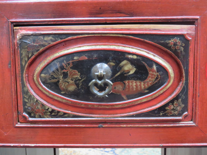 CHINESE RED LACQUERED FIVE DRAWER KNEE HOLE WRITING DESK WITH HANDPAINTED DRAWER FRONTS - Image 2 of 2