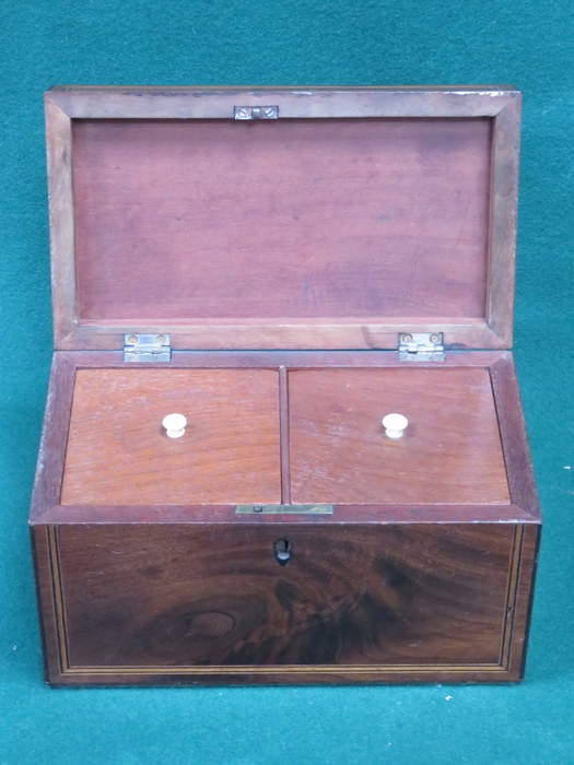 STRING INLAID MAHOGANY TWO SECTION TEA CADDY - Image 2 of 2