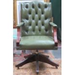 REPRODUCTION MAHOGANY LEATHER UPHOLSTERED BUTTON BACK REVOLVING OFFICE ARMCHAIR