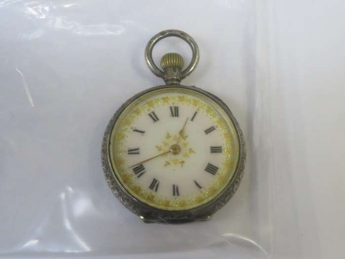 925 SILVER LADIES FOB WATCH WITH ENAMELLED DIAL