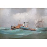 J. BOURNE UNFRAMED OIL ON BOARD DEPICTING BOATS ON STORMY WATERS.