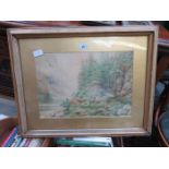 FW PIPPET, FRAMED WATERCOLOUR DEPICTING A WOODLAND SCENE WITH RIVER,