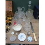 MIXED LOT OF VARIOUS GLASSWARE, CERAMICS, PLATED SPOON, ETC.