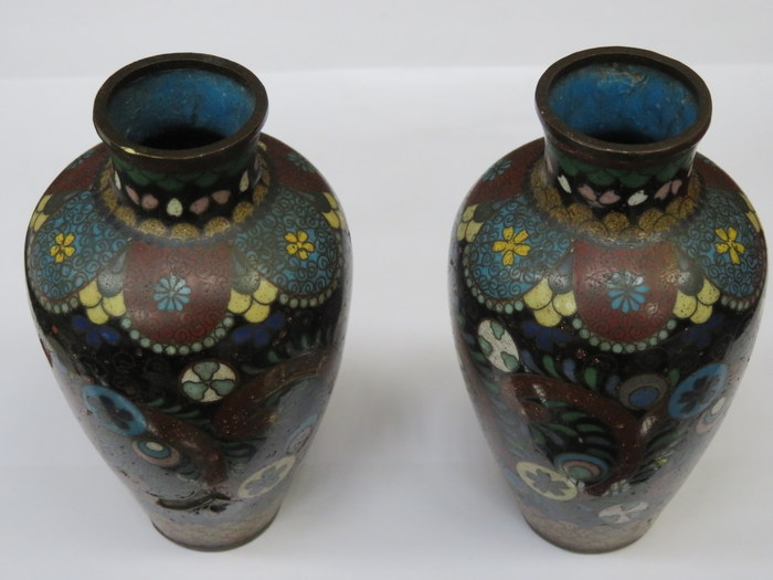 PAIR OF SMALL CLOISONNE VASES (AT FAULT)