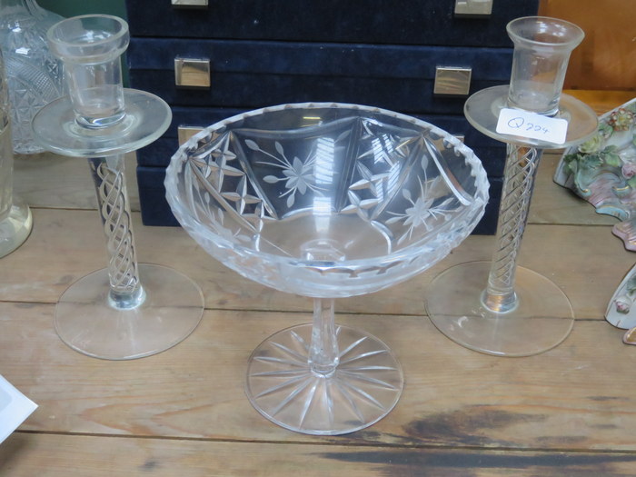 PAIR OF AIR TWIST GLASS CANDLESTICKS AND TAZZA