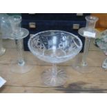 PAIR OF AIR TWIST GLASS CANDLESTICKS AND TAZZA