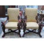 PAIR OF HEAVILY CARVED REPRODUCTION UPHOLSTERED THRONES