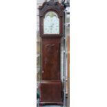 CARVED MAHOGANY STRING INLAID LONG CASE CLOCK WITH PAINTED AND ENAMELLED ROLLING MOON DIAL