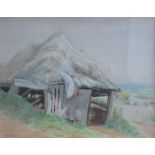 F DUDLEY, FRAMED WATERCOLOUR DEPICTING A COUNTRY BARN SCENE, APPROXIMATELY 22cm x 28.