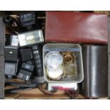MIXED LOT OF SUNDRIES INCLUDING WATCH PARTS, CAMERA ACCESSORIES, ETC.