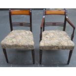 ANTIQUE MAHOGANY INLAID AND UPHOLSTERED ARMCHAIR AND MATCHING SINGLE CHAIR