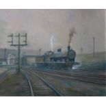 BRIAN ENTWISTLE, FRAMED OIL ON BOARD DEPICTING LNWR LOCOMOTIVE AT BUXTON, DERBYSHIRE,