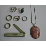 SILVER COLOURED PENDANT ON CHAIN PLUS SILVER AND MOTHER OF PEARL PENKNIFE AND VARIOUS SILVER AND