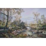 GILT FRAMED OIL ON CANVAS DEPICTING A RIVER SCENE BY JOHN CORCORAN,