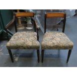 ANTIQUE MAHOGANY INLAID AND UPHOLSTERED ARMCHAIR AND MATCHING SINGLE CHAIR