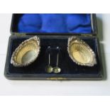 CASED PAIR OF HALLMARKED SILVER OPEN SALTS WITH SPOONS, BIRMINGHAM ASSAY,