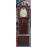 MAHOGANY CASED LONGCASE CLOCK WITH HANDPAINTED AND ENAMELLED MOON ROLLING FACE,
