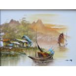 GILT FRAMED OIL ON CANVAS DEPICTING ORIENTAL BOATS,