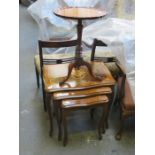 WALNUT TRIPOD WINE TABLE AND REPRODUCTION INLAID NEST OF THREE TABLES (AT FAULT)