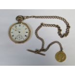 GOLD PLATED WALTHAM POCKET WATCH WITH 9ct GOLD ALBERT CHAIN AND MOUNTED 1798 GEORGE III SPADE