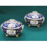 PAIR OF EARLY DERBY HANDPAINTED AND GILDED FLORAL DECORATED CERAMIC MINIATURE TWO HANDLED TUREENS