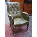 GREEN LEATHER UPHOLSTERED MAHOGANY FRAMED EASY ARMCHAIR