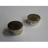 TWO SILVER COLOURED OVAL PILL BOXES SET WITH SEMI-PRECIOUS STONES