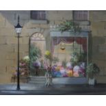 DEBORAH JONES, FRAMED OIL ON PANEL DEPICTING A SHOP EXTERIOR SCENE, APPROXIMATELY 28.5cm x 36.